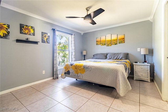 tiled bedroom with crown molding and ceiling fan