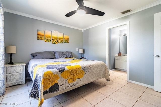 tiled bedroom featuring crown molding, ensuite bath, and ceiling fan