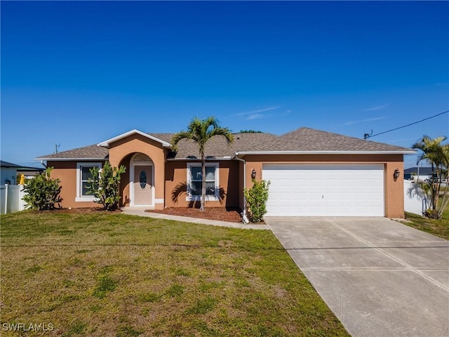 single story home with a garage and a front lawn