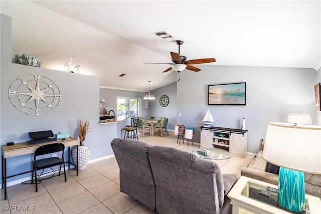 living room featuring light tile patterned flooring, ceiling fan, and lofted ceiling