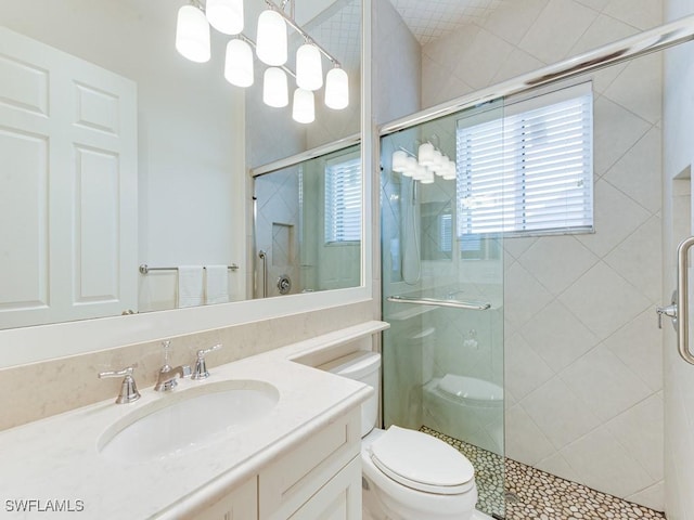 bathroom with vanity, toilet, a chandelier, and a shower with door