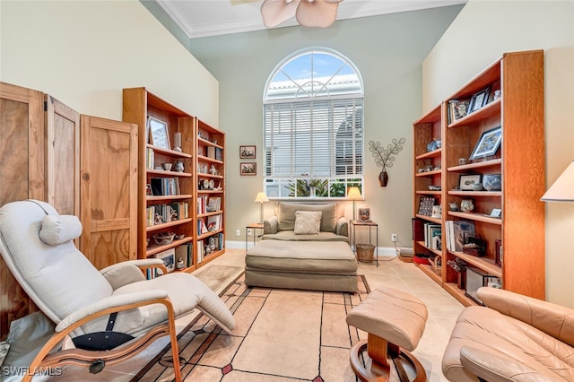 living area featuring a towering ceiling and ornamental molding