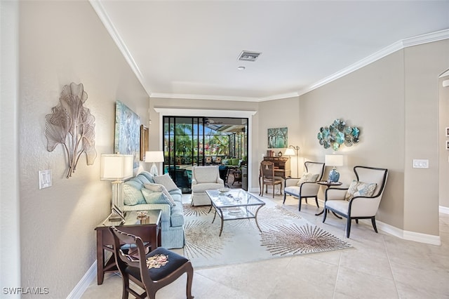 living room with light tile patterned floors and crown molding