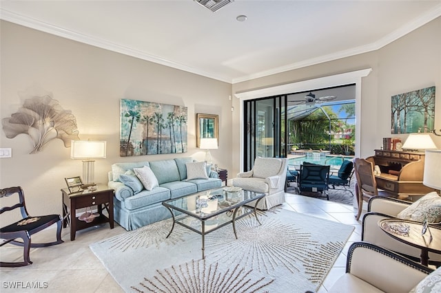 living room with light tile patterned floors and crown molding