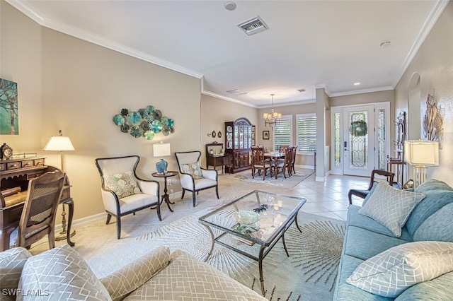 tiled living room featuring crown molding and a chandelier