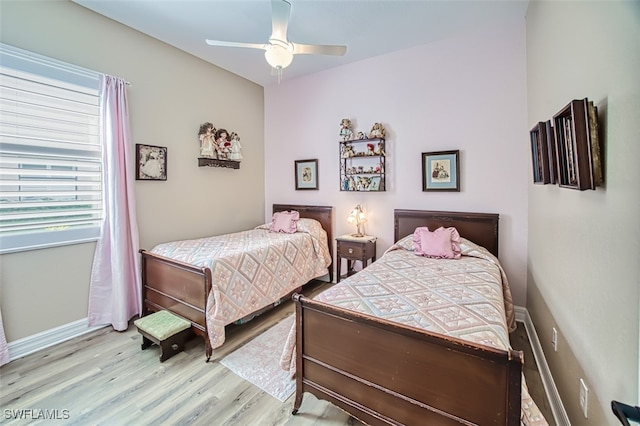 bedroom with ceiling fan and light hardwood / wood-style floors