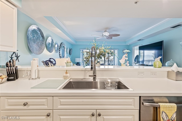 kitchen with white cabinetry, sink, ornamental molding, and dishwasher