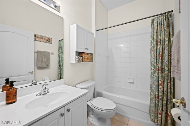 full bathroom featuring vanity, toilet, tile patterned flooring, and shower / bath combo with shower curtain