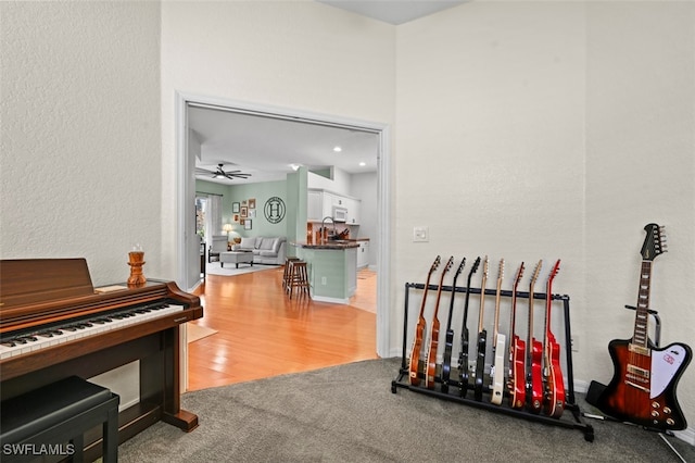 misc room with hardwood / wood-style floors and ceiling fan