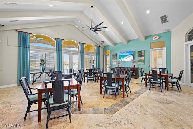 dining area with beam ceiling, high vaulted ceiling, ceiling fan, and french doors