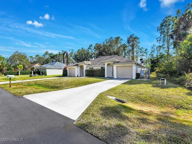 single story home with a garage and a front yard