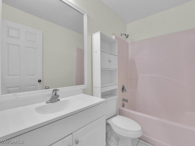 full bathroom featuring shower / bathtub combination, vanity, toilet, and tile patterned flooring