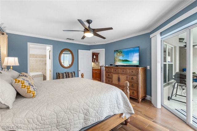 bedroom featuring ornamental molding, access to outside, ceiling fan, light hardwood / wood-style floors, and ensuite bath