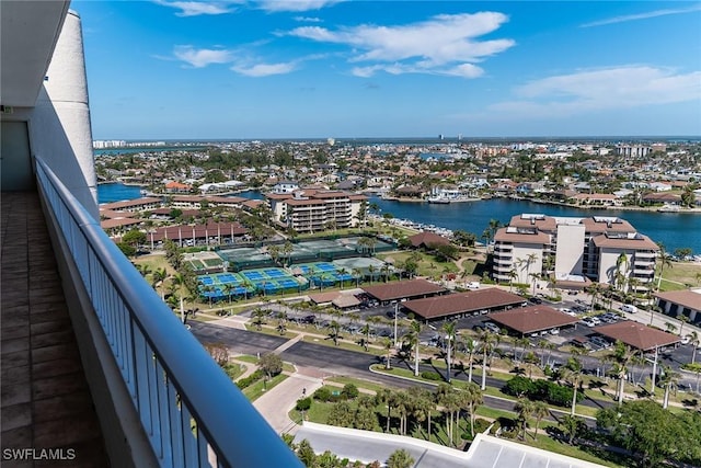 drone / aerial view with a water view