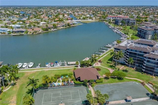 bird's eye view with a water view