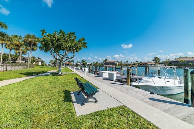 dock area featuring a water view and a yard