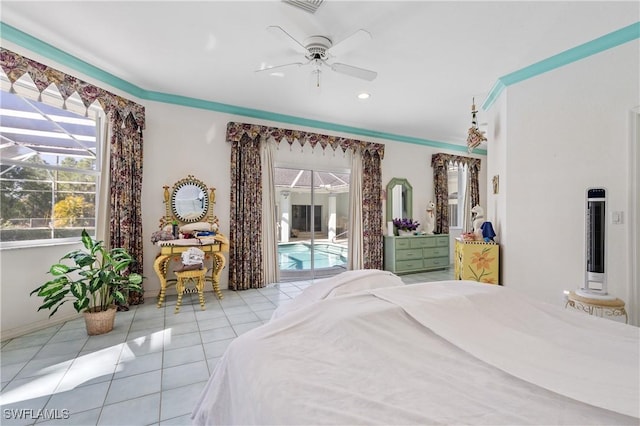 unfurnished bedroom featuring light tile patterned flooring, crown molding, access to outside, and ceiling fan