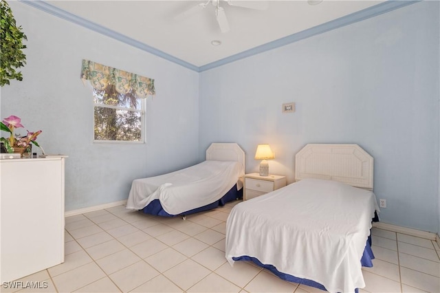 bedroom with crown molding, ceiling fan, and light tile patterned floors