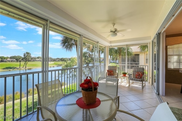 sunroom with a water view and ceiling fan