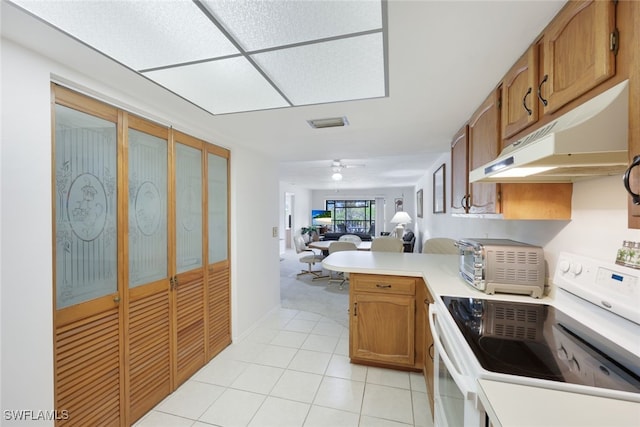 kitchen featuring white electric range oven, light countertops, open floor plan, a peninsula, and under cabinet range hood