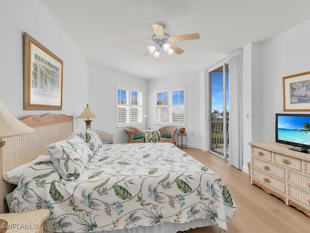 bedroom featuring light hardwood / wood-style flooring, access to outside, and ceiling fan