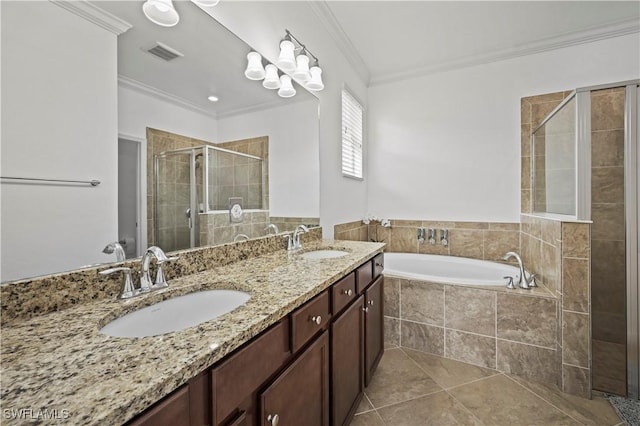 bathroom with tile patterned flooring, ornamental molding, independent shower and bath, and vanity