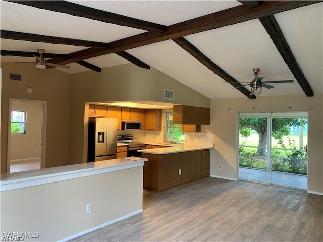 kitchen with appliances with stainless steel finishes, a wealth of natural light, ceiling fan, and kitchen peninsula