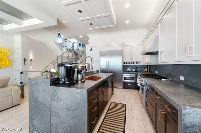 kitchen with dark countertops, under cabinet range hood, decorative backsplash, high end appliances, and a sink