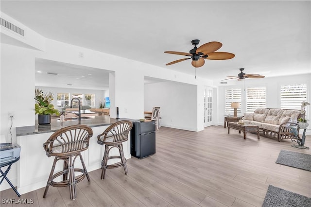 living room featuring sink and light hardwood / wood-style flooring