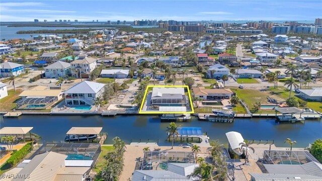 aerial view featuring a water view