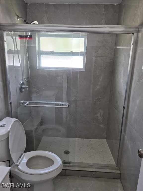 bathroom with toilet, vanity, and a shower with shower door