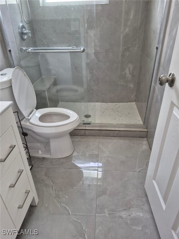 bathroom featuring vanity, toilet, and a shower with shower door