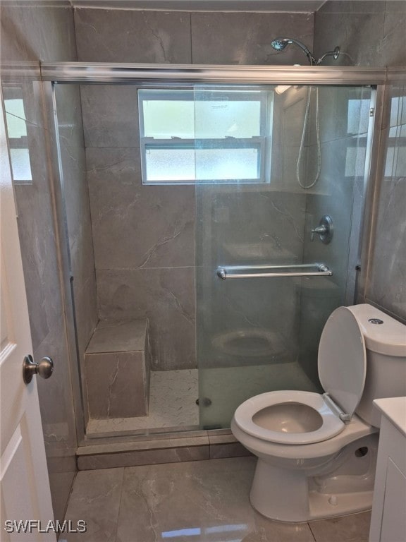 bathroom with vanity, a shower with shower door, and toilet