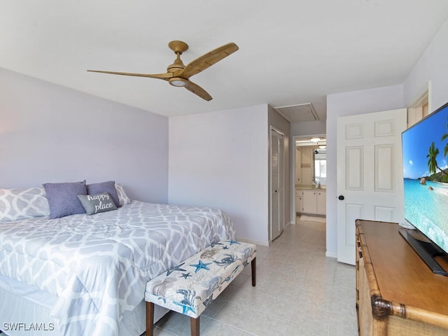 bedroom featuring ceiling fan and a closet