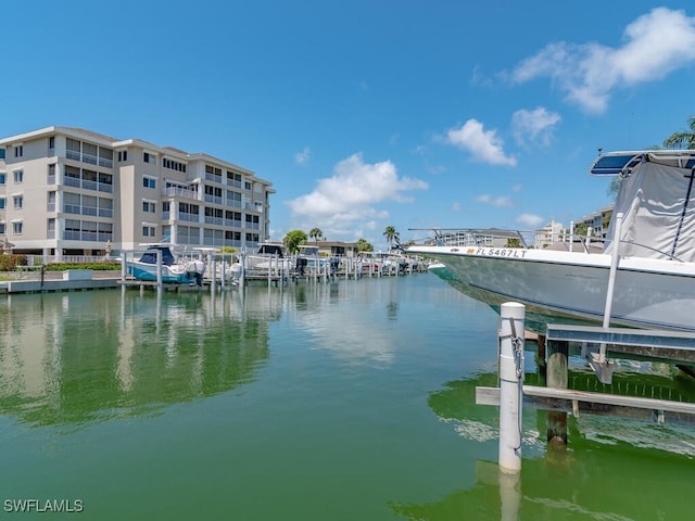 view of water feature with a boat dock