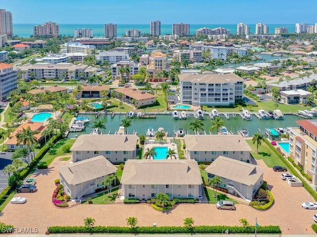 drone / aerial view featuring a water view