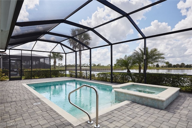 view of pool featuring a water view, an in ground hot tub, a lanai, and a patio