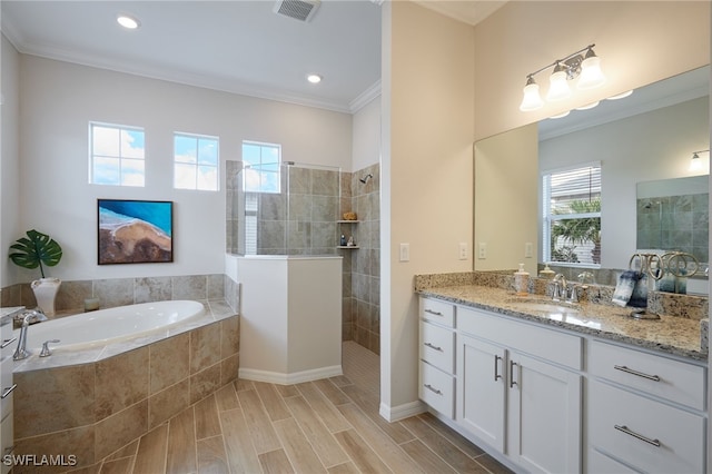 bathroom featuring crown molding, vanity, and independent shower and bath