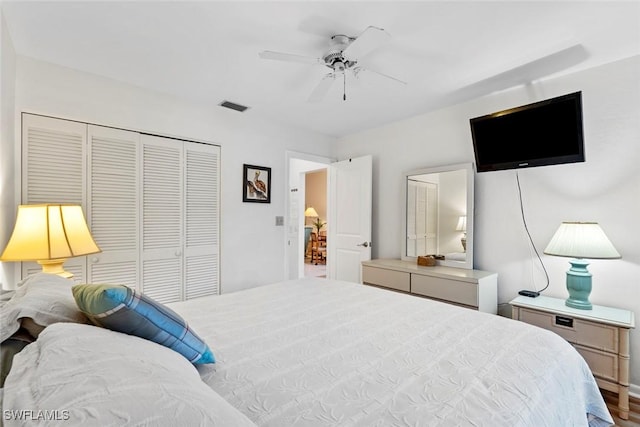 bedroom featuring ceiling fan and a closet