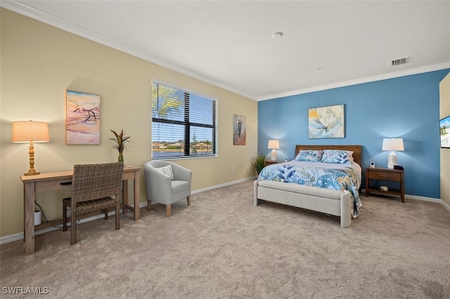 bedroom featuring light carpet and ornamental molding