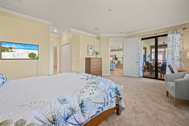 carpeted bedroom with access to exterior and crown molding