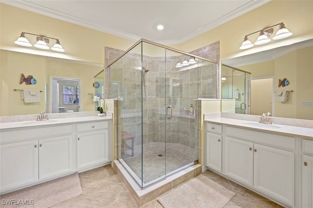 bathroom with walk in shower, tile patterned floors, ornamental molding, and vanity