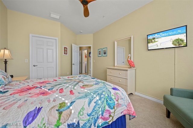 bedroom with light colored carpet and ceiling fan