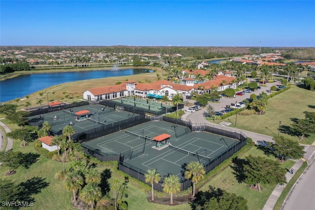 drone / aerial view with a water view