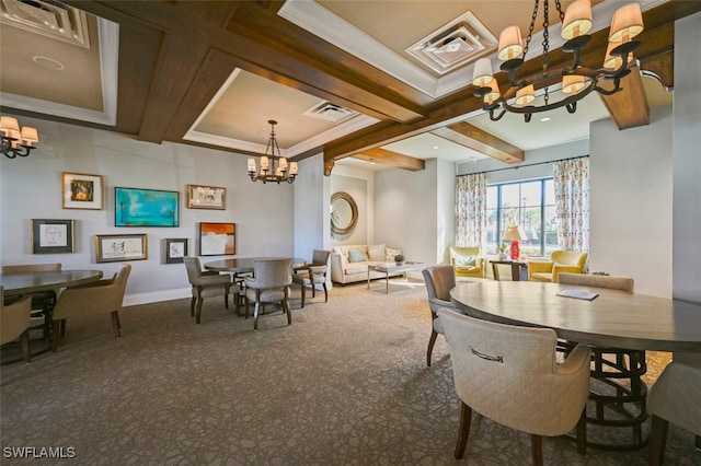 dining space featuring coffered ceiling, a notable chandelier, beam ceiling, and carpet