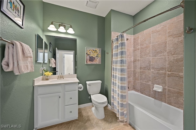 full bathroom with vanity, tile patterned flooring, toilet, and shower / bath combo with shower curtain