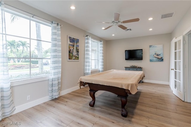 game room with ceiling fan, pool table, and light hardwood / wood-style floors