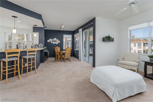 interior space with multiple windows, light colored carpet, access to exterior, and ceiling fan