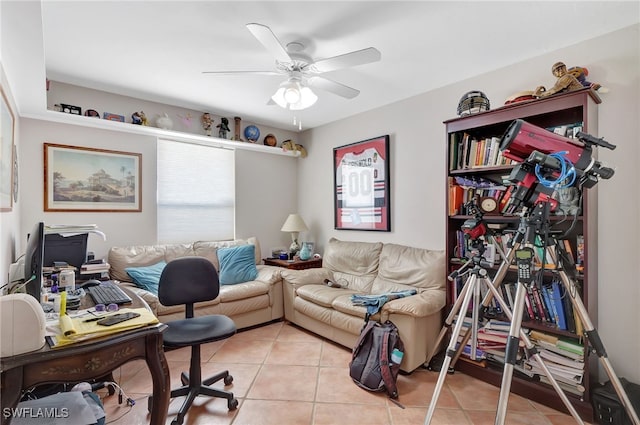 tiled home office with ceiling fan
