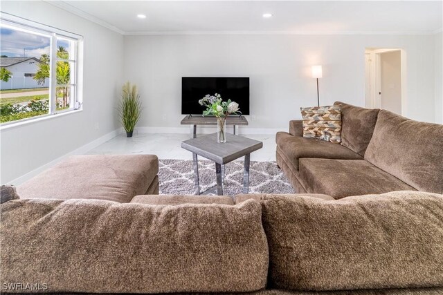 living room with ornamental molding